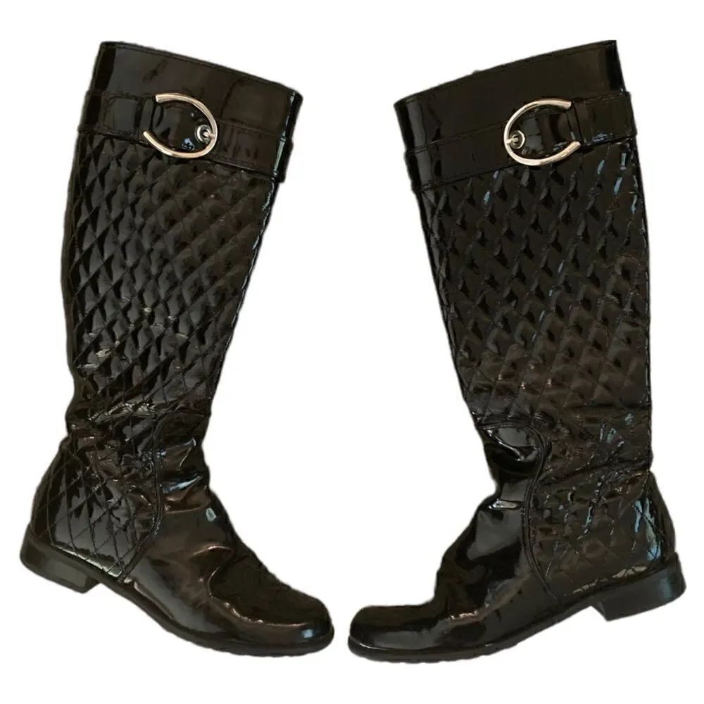 Stuart Weitzman Black Patent Leather Quilted Knee Boots
